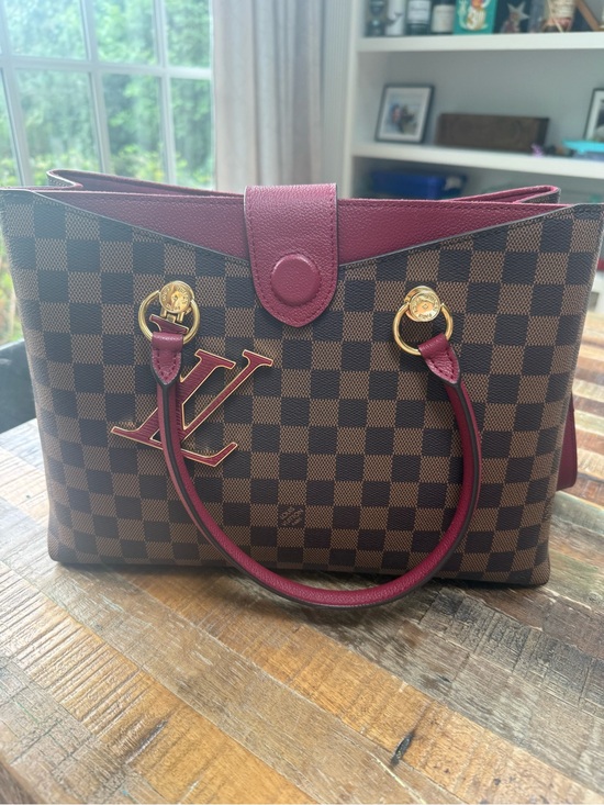Louis Vuitton Handbags - Louis Vuitton Riverside Damier Ebene Canvas Tote with Burgundy Trim
